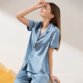 Two pieces set thin summer sleep wear home wear women pajama silk for lady